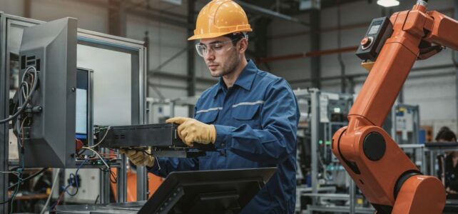 Precision Parts: How Metal Injection Molding Shapes Our Lives A worker in safety gear operates machinery next to an industrial robot arm in a modern factory, showcasing AMT's metal injection molding manufacturer expertise.