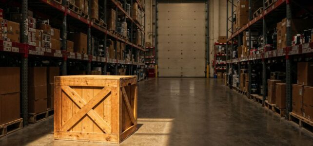 A wooden crate sits on the floor of a warehouse aisle, surrounded by shelves filled with boxes and packages resting on heavy duty racking.
