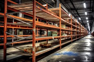 Long orange heavy duty racking units in a warehouse, mostly empty except for a few scattered boxes on the lower shelves. The area is well-lit with ceiling lights.